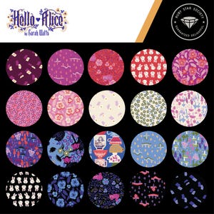 Puede incluir: Una colección de veinte muestras de tela circulares con la serie de patrones Hello Alice de Sarah Watts. Los diseños incluyen varios motivos florales, de setas, conejos y tazas de té en vibrantes paletas de colores morado, rosa, azul y negro.