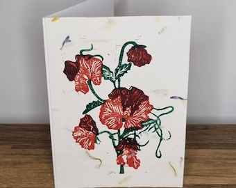 Sweet Pea Flower, Lino Print Greetings Card, Hand Printed