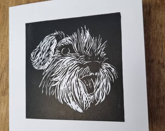 Happy Schnauzer Dog, Hand Printed, Greetings Card