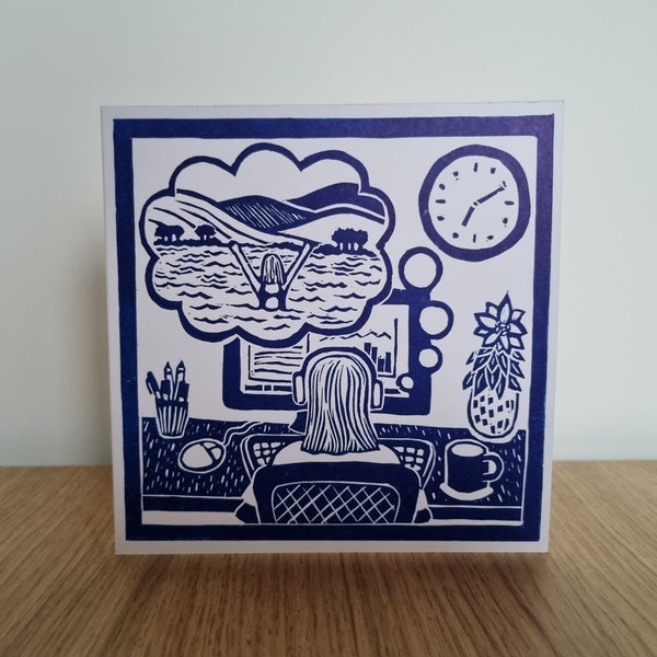 Wild Swimming Day Dream, Lino Print Card, Hand Printed