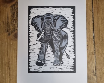 Elephant, Hand Printed Lino Print, A4