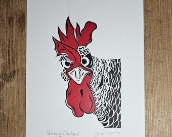 Chicken, Hand Printed Original, Lino Print, A5
