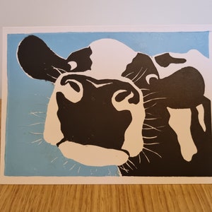 Friendly Cow, Hand Printed Lino Print, Greetings Card or Print