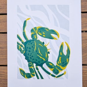 Green Crab, Original A4 Hand Printed Reduction Lino Print, Limited Edition