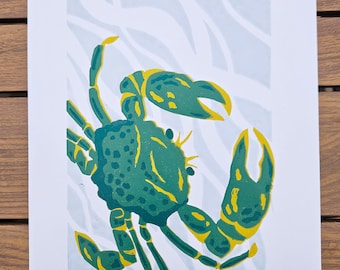 Green Crab, Original A4 Hand Printed Reduction Lino Print, Limited Edition