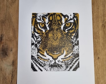 Tiger, Hand Printed Original Lino Print, A4