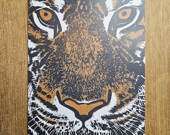 Tiger Stare, Greetings Card, Digitally Printed from an Orginal Lino Print