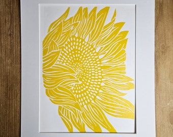Sunflower, Yellow Hand Printed Lino Print