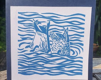 Diving Ducks Blue, Greetings Card, Hand Printed, Two Colour Options