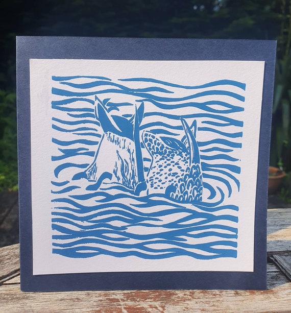 Diving Ducks Blue, Greetings Card, Hand Printed, Two Colour Options