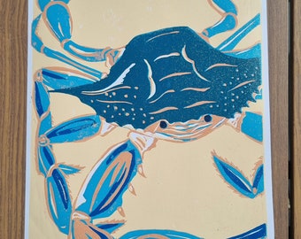 Blue Crab, Original A4 Hand Printed Reduction Lino Print, Limited Edition