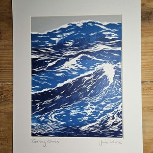 Crashing Waves, Original Hand Printed Lino Print, A4