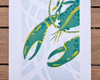 Green Lobster, Original A4 Hand Printed Reduction Lino Print, Limited Edition
