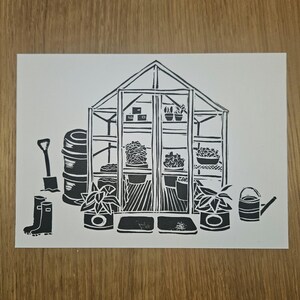 Greenhouse Happy Place, impressão original em linóleo, tamanho A5