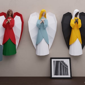 Angel with wings papercraft 3d wall sculpture, diy printable paper angel statue, low poly angel art wall decor, angel template pdf, svg, dxf