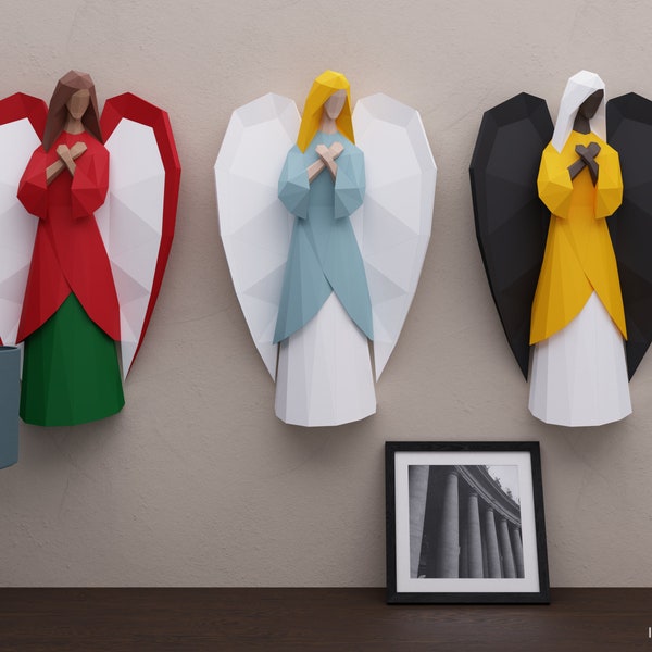 Sculpture murale 3D en papier ange avec des ailes, statue d'ange en papier imprimable bricolage, décoration murale art ange low poly, modèle ange pdf, svg, dxf