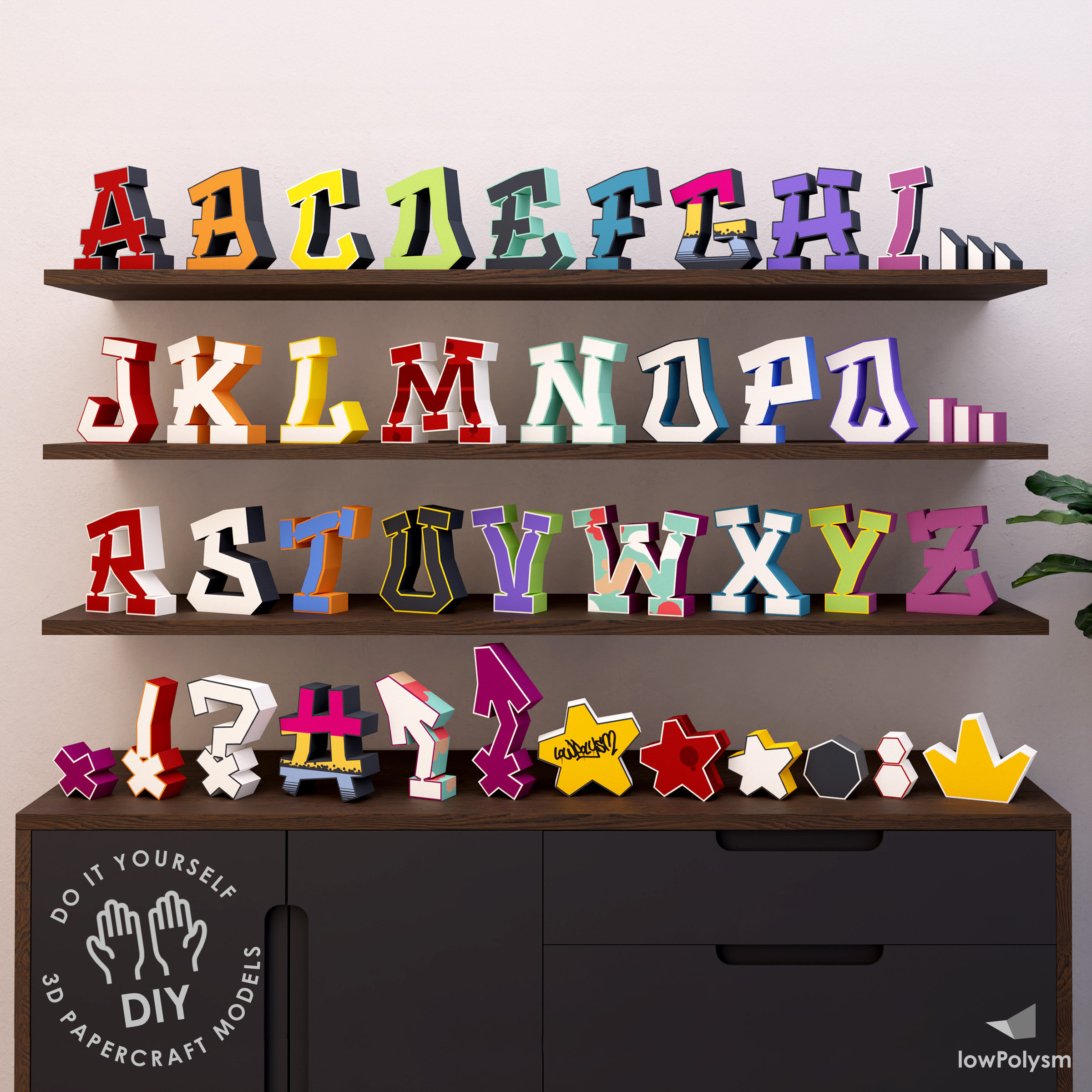 Russian alphabet Low poly Papercraft DIY Template