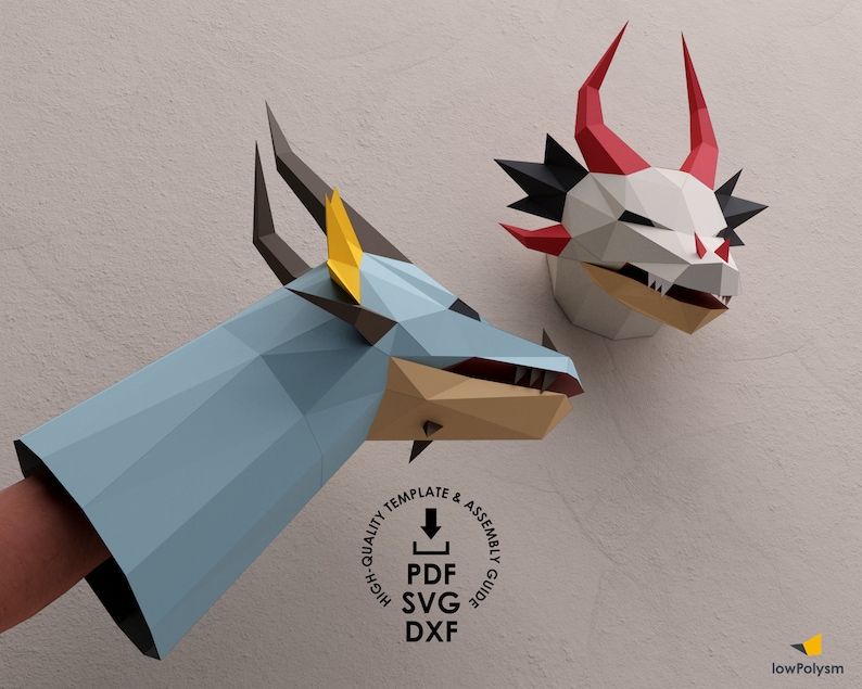 Dragon low poly papercraft template in SVG, PDF and DXF formats