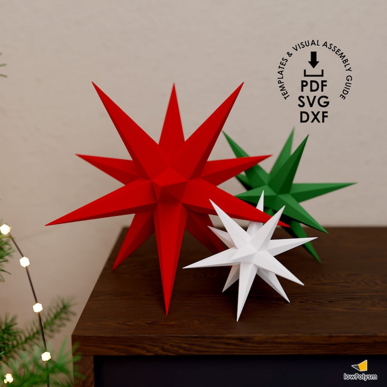 Xmas star decoration printable templates in PDF, SVG, DXF digital download formats