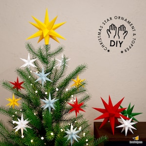 Enfeite de estrela de Natal e topo de árvore, modelos digitais para impressão, estrela de papel 3D, estrela de Natal DIY, arquivos de corte de padrão SVG, PDF, Dxf