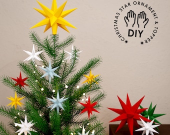Adorno de estrella de Navidad y adorno para la punta del árbol, plantillas para imprimir digitalmente, estrella de papel 3D, estrella de Navidad DIY, archivos de corte de patrones SVG, PDF, Dxf