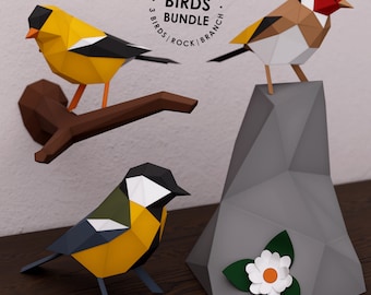 3D Papercraft Bird Bundle: Polygonal Wall Art Templates (Digital Download)