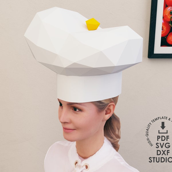 Sombrero de chef DIY Sombrero de chef de baja poli imprimible, Sombrero de cocinero 3D Papercraft, Plantilla SVG de chef, Fiesta de cumpleaños, Regalo para chef, Sombrero de chef personalizado