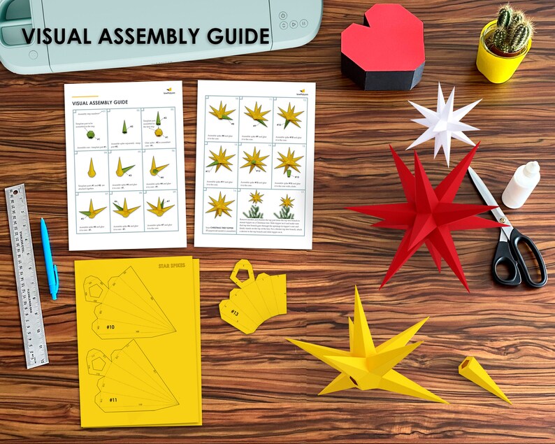 Visual assembly guide for paper 3d start topper and Christmas decoration.