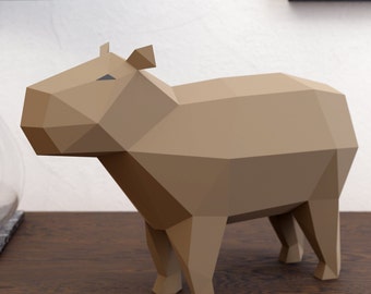 Escultura animal de carpincho de papel de baja poligonización, modelo de papel 3D, plantilla PDF de baja poligonización, kit de manualidades para imprimir, SVG, Dxf, patrón