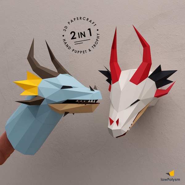 Marionnette dragon Dragon Low Poly Papercraft, trophée tête de dragon bricolage, sculpture murale, kit de papier Lowpoly, origami 3D, modèle PDF SVG DXF