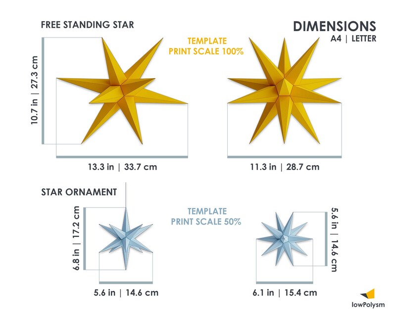 3D paper Christmas star ornament, Snowflake decoration dimensions.
