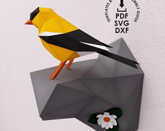 3D Papercraft Bird: American Goldfinch - Printable Low Poly Bird & Rock, Easy DIY Paper Model as Table Decor or Beautiful Wall Art