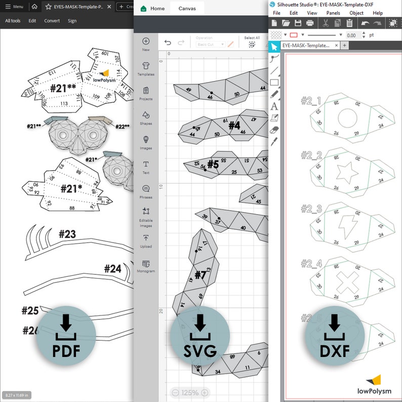 Mask template files in PDF, SVG, DXF. Patterns for Cricut -Design Space, Silhouette cutting machines.