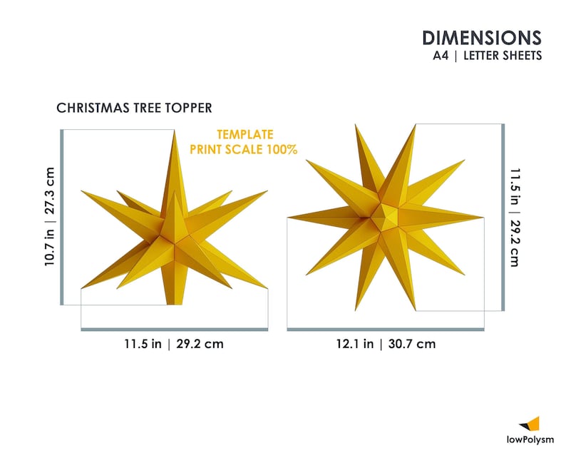 Paper star Christmas tree topper dimensions.