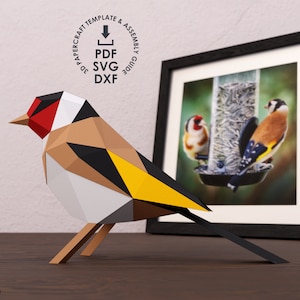 Goldfinch Low Poly Bird Papercraft, Bird On Branch Template, Bird SVG,PDF,dxf, Printable 3d Origami Bird Sculpture,DIY Paper Bird Goldfinch
