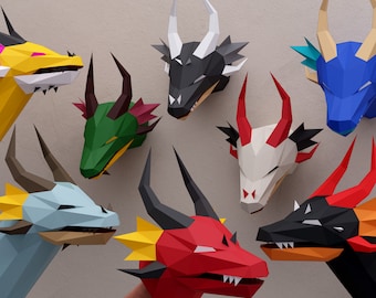 Dragon Low Poly Papercraft Dragon Puppet, Diy Craft Dragon Head trophy, Wall Sculpture, Lowpoly Paper Kit, 3D Origami, SVG DXF PDF Template