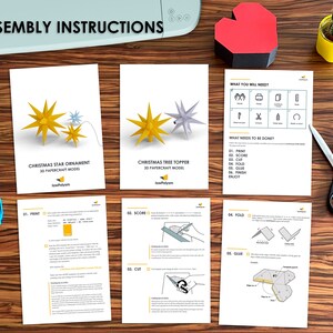 Assembly instructions for Christmas Star Ornament and Tree Topper 3D paper craft.