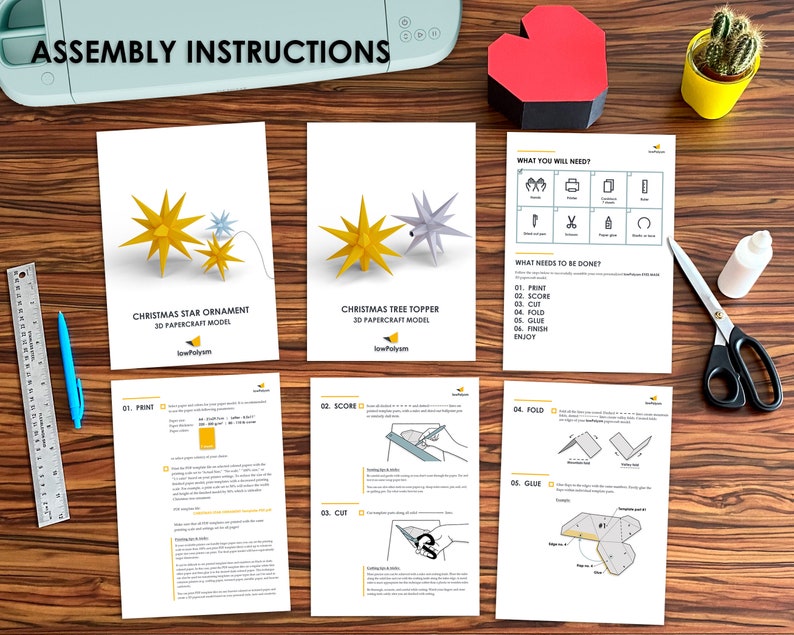 Assembly instructions for Christmas Star Ornament and Tree Topper 3D paper craft.