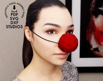 Printable Lowpoly Clown Nose Template, Easy to Make 3D Papercraft Mask, DIY Party Craft, Clown mask, Digital Download Pdf Svg Dxf Studio3