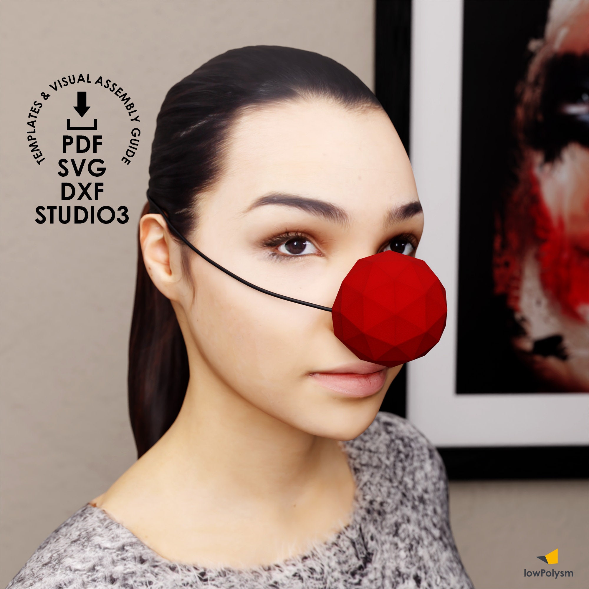 Printable Lowpoly Clown Nose Template, Easy to Make 3D Papercraft Mask, DIY Party Craft, Clown mask, Digital Download Pdf Svg Dxf Studio3