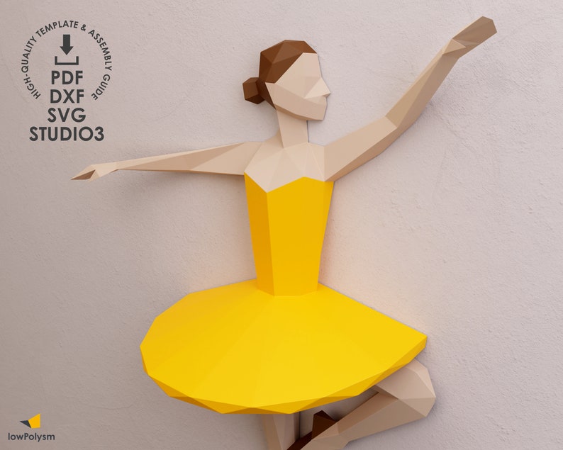 Low poly dancing ballerina paper model. Templates in PDF, DXF, SVG, Studio3 cut files.