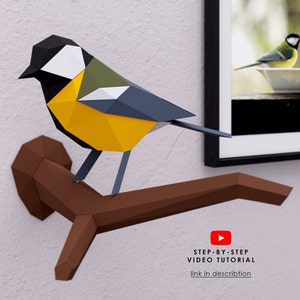 Koolmees maak je eigen vogel 3D-papercraft, afdrukbare vogelsjabloon, pdf, dxf, SVG, 3D-origamivogel decor, doe-het-papier vogel, lowpoly-patroon