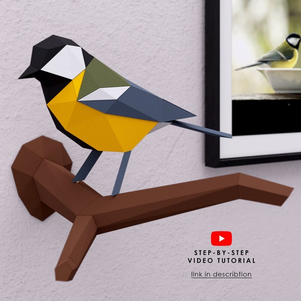 Cinciallegra Crea il tuo uccello 3D Papercraft, modello di uccello stampabile, PDF, Dxf, SVG, arredamento di uccelli origami 3d, uccello di carta fai da te, modello lowpoly