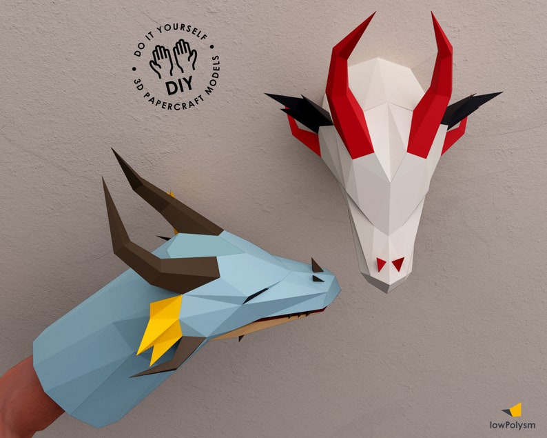 DIY 3d paper dragon puppet and wall dragon trophy