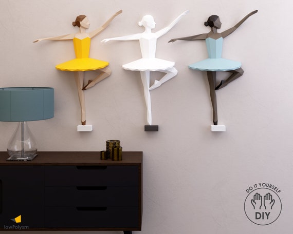 Ballerina Papercraft 3D Wall Decor Sculpture, Low Poly Ballerina Wall Art, diy Ballerina Dancer for Girls Room, PDF, SVG, DXF, Studio3