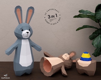 3D Paper Bunny Template: Low Poly Easter Egg Treat Box (PDF, SVG, DXF)