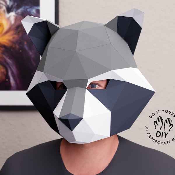 Masque bricolage papercraft de raton laveur, motif de masque Cosplay, masque d'animal low poly, modèle de masque de raton laveur fusée, masque en papier 3d, masque d'Halloween bricolage