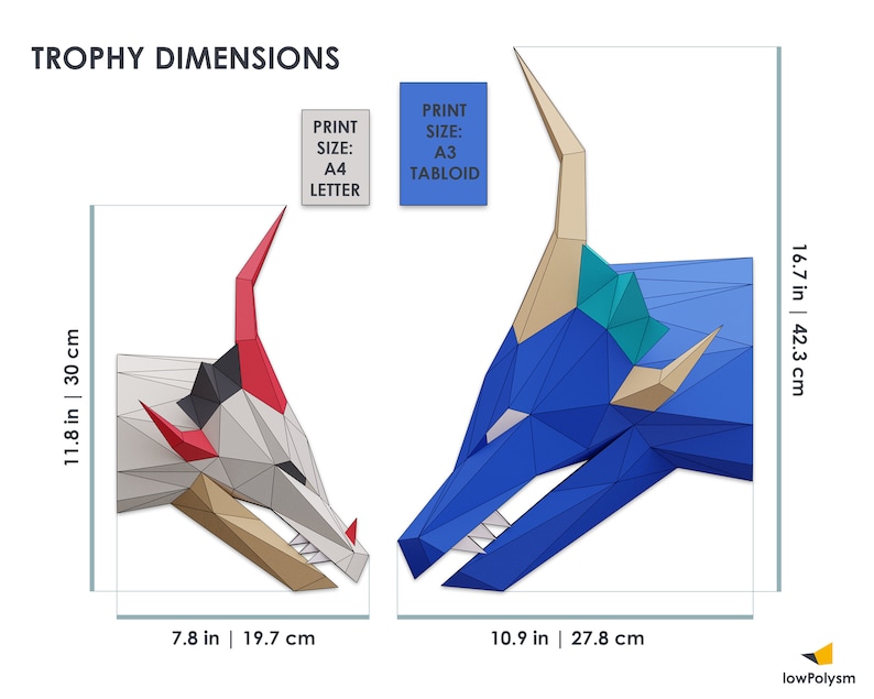 Dragon trophy papercraft A4, A3 scale dimensions.