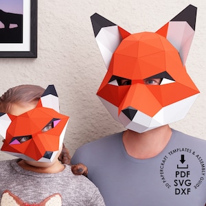 Maschera di volpe 3D Papercraft e mezza maschera di volpe, modelli in PDF, SVG, DXF, modello maschera di volpe 3D, maschera low poly, maschere di carta 3D fai da te low poly di volpe