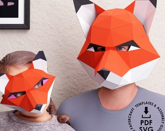 Fox Mask 3D Papercraft and Fox Half Mask, Templates in PDF, SVG, DXF, 3D Fox Mask Pattern, Low Poly Mask, Diy Low Poly Fox Paper 3D Masks